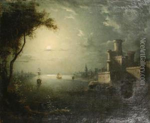 A View Of A Castle On The River, Bymoonlight Oil Painting - Henry Pether