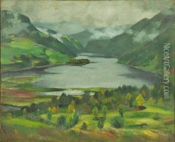 Landskap I Regnvaer Morkdalen Oil Painting - Bernt W. Tunold