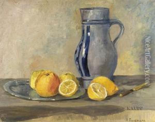 Stillleben Mit Krug, Daneben Auf Einer Flachen Platte Apfel Und Zitronen. Oil Painting - Augusta Rossmann