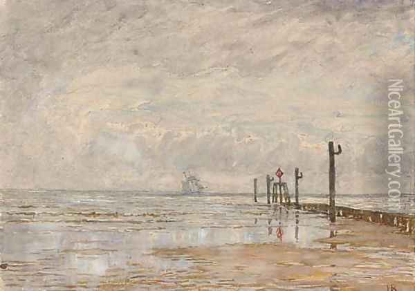 A trading schooner running inshore Oil Painting - Henry Robert Robertson