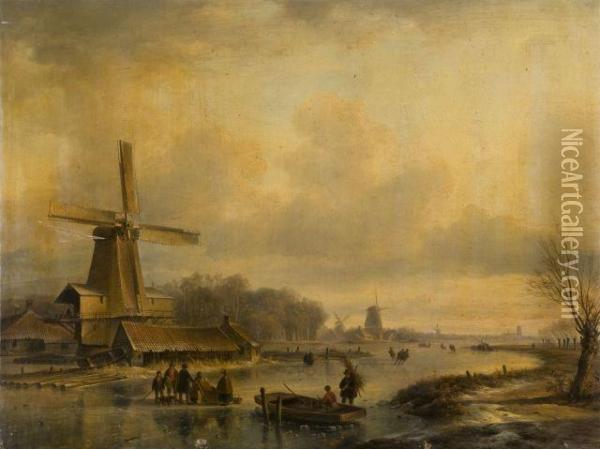 Paysage De Riviere Gelee Pres D'un Moulin Oil Painting - Lodewijk Johannes Kleijn