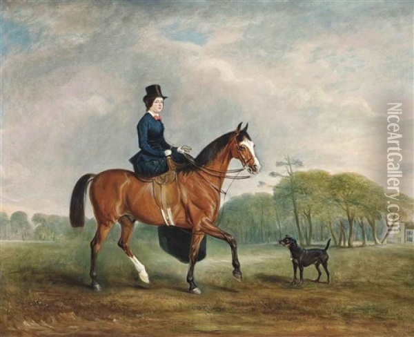 Miss Felicia Elizabeth Welby, Later Lady Lindsay, On A Bay Hunter, With Allington Hall Beyond Oil Painting - John E. Ferneley