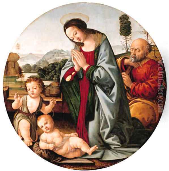 The Holy Family with the Infant Saint John the Baptist, a river landscape beyond Oil Painting - Lorenzo Di Credi