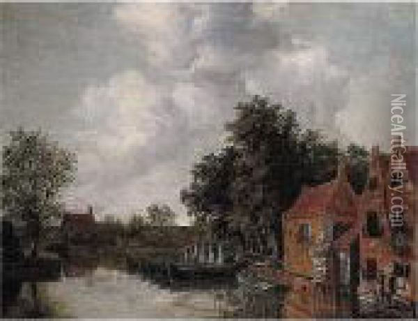 A Canal Landscape With Barges Moored By Houses Oil Painting - Meindert Hobbema
