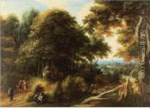 Extensive Landscape With Travelers And A Town In A Distance Oil Painting - Jaques D'Arthois