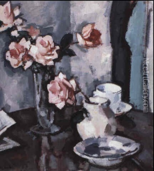 Roses In A Glass Vase [verso: Landscape       Sketch] Oil Painting - Samuel John Peploe