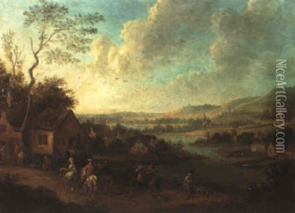 River Landscape With Riders Returning To A Village Oil Painting - Mathys Schoevaerdts