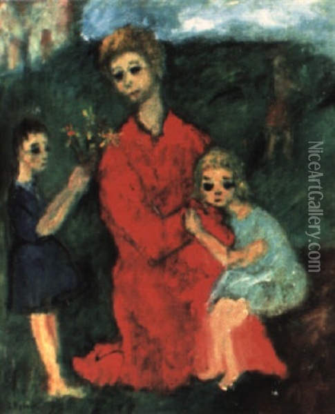 Woman And Two Children Oil Painting - Issachar ber Ryback