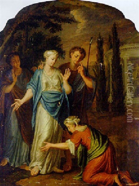 A Peasant Kneeling Before A Couple, A Temple Devoted To Diana Beyond Oil Painting - Jacopo Amigoni