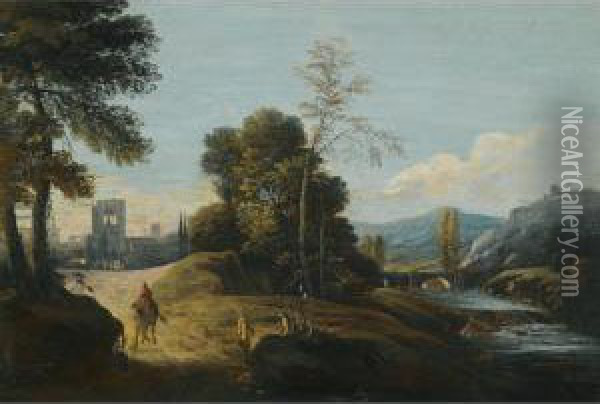 A Lacustrine Landscape With A Herder And His Animals Resting By The Water, A Town Beyond Oil Painting - Marco Ricci