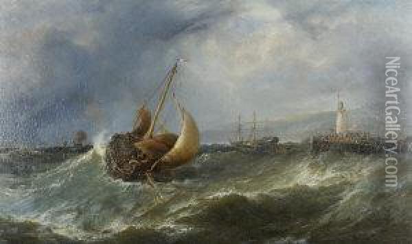 Freshening Gale, Scarboro; Fishing Boats Returning To Harbour Oil Painting - Edwin Hayes