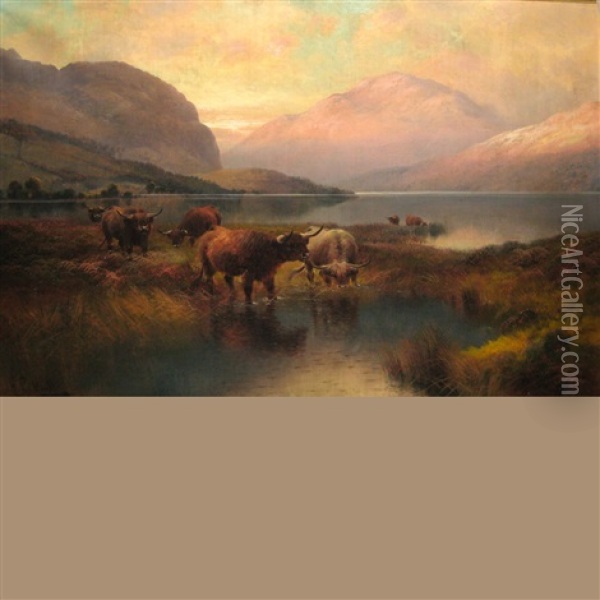 Highland Cattle, Loch Lubnaig, Perthshire, N.b. Oil Painting - Harald R. Hall