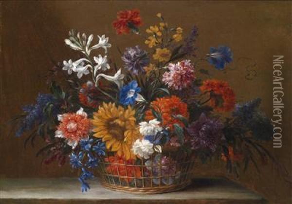 A Pair Of Still Lifes Of Flowers In Baskets Oil Painting - Nicolas Baudesson