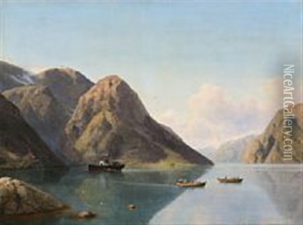 Rowing Boats In A Norwegian Fjord Oil Painting - Georg Emil Libert