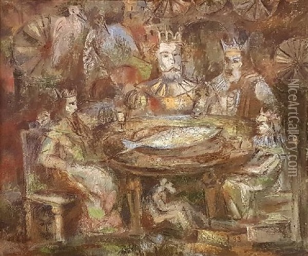 Dinner Of Four Kings Oil Painting - Laszlo Boris