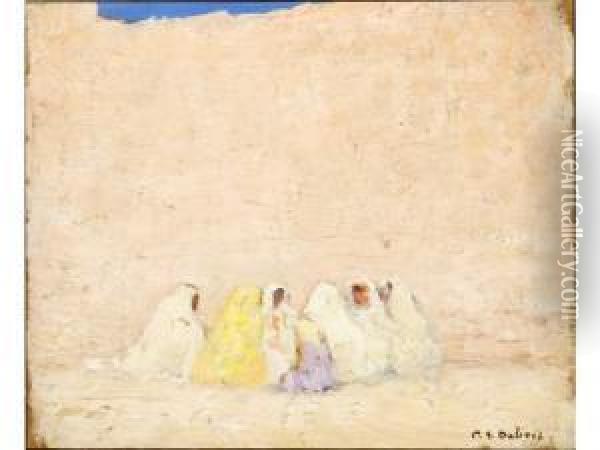 Reunion De Femmes Arabes. Huile Surpanneau Signee En Bas A Droite. 22cm X 27cm Oil Painting - Paul Elie Dubois