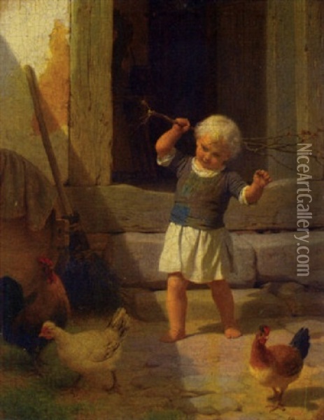 Chasing The Chickens Oil Painting - Friedrich Eduard Meyerheim