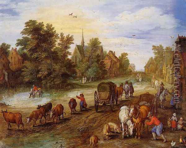 Busy Village Street with Resting Travellers Oil Painting - Jan The Elder Brueghel