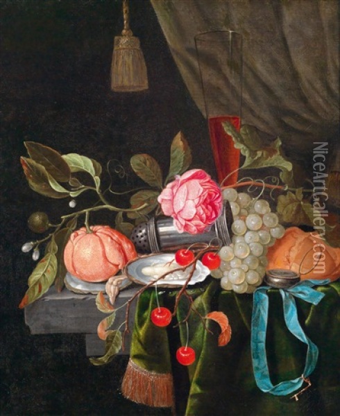 Ein Prunkstillleben Mit Einer Uhr, Einer Semmel, Obst Und Einem Silbernen Salzstreuer Auf Einer Marmornen Tischplatte Oil Painting - Gillis Jacobz van Hulsdonck