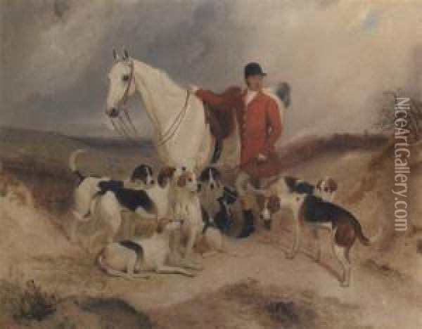 Dick Burton, Huntsman To The Tidworth Hunt, With His Hunter And Hounds Oil Painting - Charles Bilger Spalding