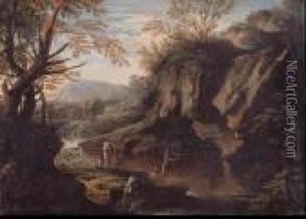 A Gorge With Peasants Fishing And Bandits Oil Painting - Bartolomeo Torreggiani