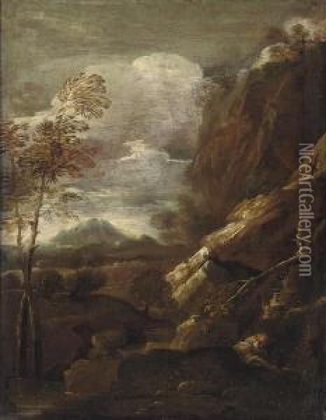 A Hermit In An Extensive Mountainous Landscape Oil Painting - Pietro Montanini