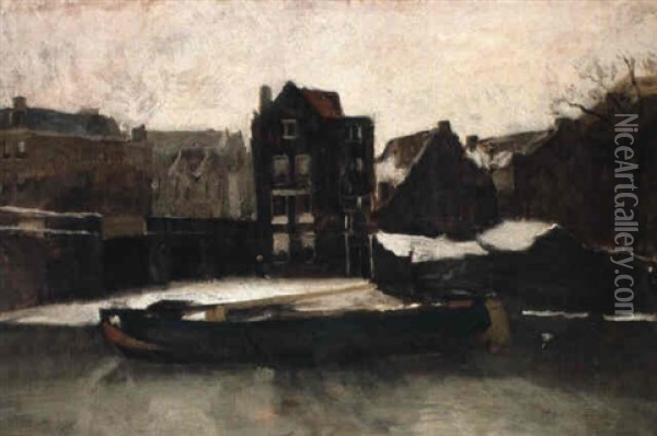 Moored Boats At The Teertuinen, Amsterdam, In Winter Oil Painting - George Hendrik Breitner