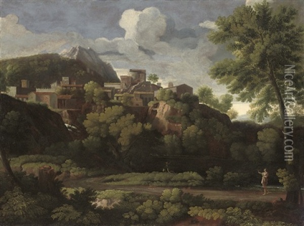 An Italianate Landscape Oil Painting - Gaspard Dughet