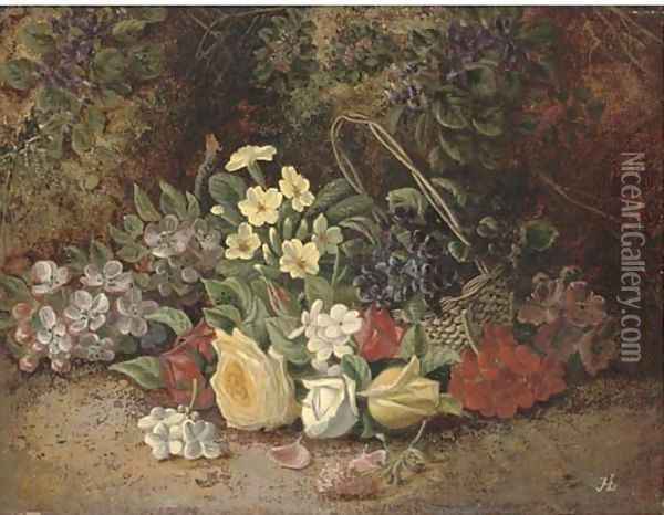 Summer flowers in a wicker basket, on a mossy bank Oil Painting - Henry J. Livens