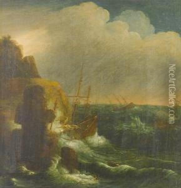 A Shipwreck On A Rocky Coast Oil Painting - Andries Van Eertvelt