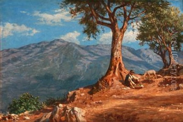 Mountain Landscape With A Shepherd Oil Painting - Niels Frederik Schiottz-Jensen