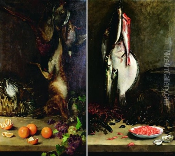 Trophee De Chasse (+ Trophee De Peche; Pair) Oil Painting - Fanny Laurent Fleury