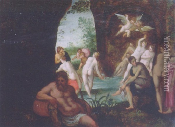 Actaeon Surprising Diana And Her Nymphs In A Grotto, A River God In The Foreground Oil Painting - Hans Rottenhammer the Elder