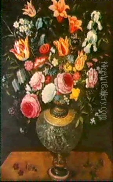 Tulipes, Roses Et Iris Presentes Dans Un Vase Pose Sur Un   Entablement Oil Painting - Andries Daniels