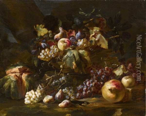 Ein Korb Mit Trauben, Apfeln, Feigen, Birnen Und Laub Gefullt, Melone, Granatapfel Und Eine Smaragdeidechse Oil Painting - Abraham Brueghel