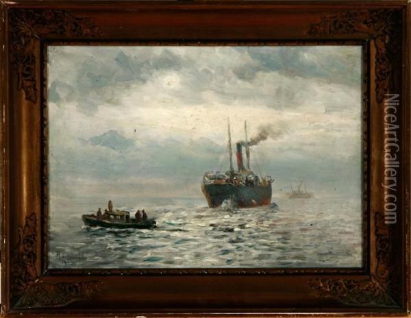 Lubbers: A Marine With A Steam Ship On Open Sea. Signed And Dated H. Lubbers 1923 Oil Painting - Holger Peter Svane Lubbers