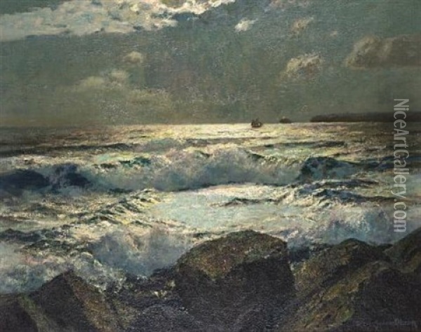 Moonlight On The Cornish Coast Oil Painting - Julius Olsson