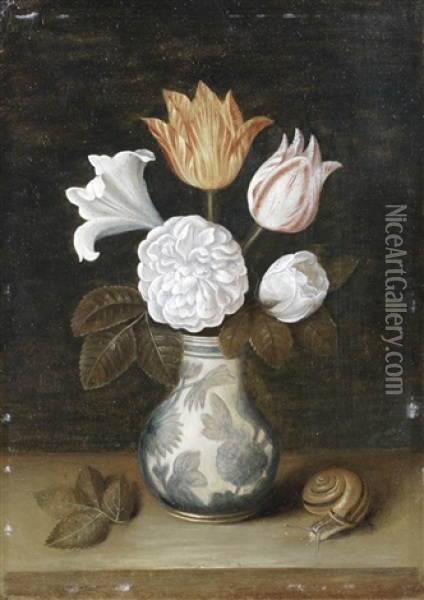 Roses, A Lily And Variegated Tulips In A Blue And White Vase, With A Snail Nearby Oil Painting - Ambrosius Bosschaert the Elder