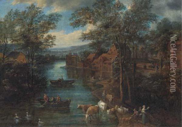 A Wooded River Landscape With Fisherman And Peasants On Atrack Oil Painting - Joseph van Bredael