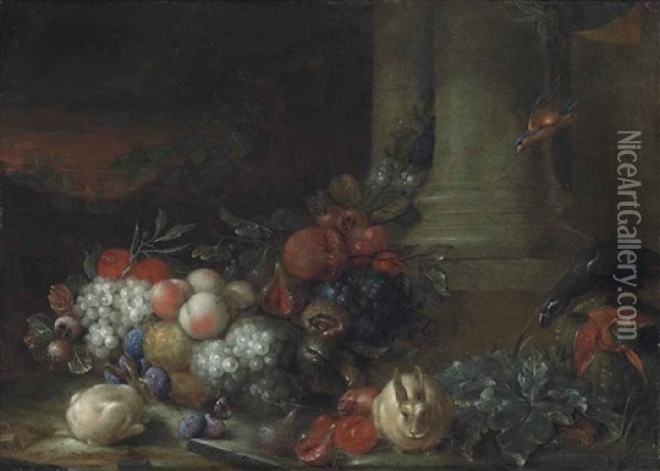 Grapes, Peaches, Figs And Other Fruit, With Two Rabbits, A Parrot And A Bird Among Classical Ruins In A Landscape Oil Painting - Peter Mathys Gillemans