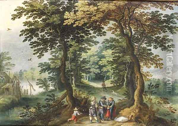 Bandits holding up a traveller on a path in a wood Oil Painting - Abraham Govaerts