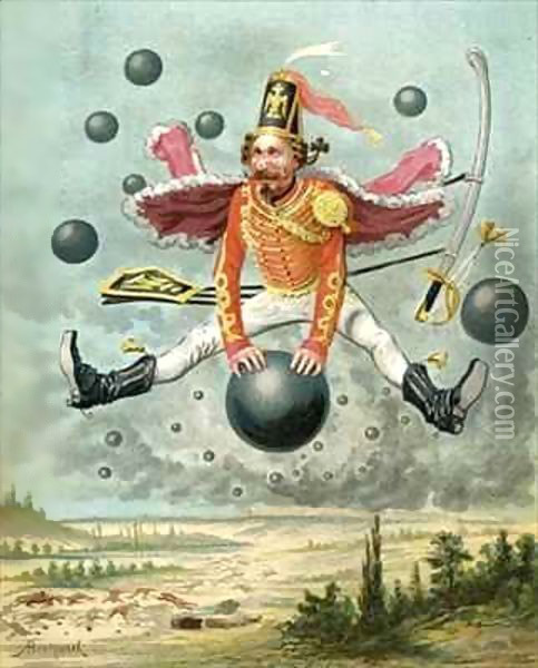 Baron Munchausen riding a cannonball during the fight with Tippoo Oil Painting - Alphonse Adolphe Bichard