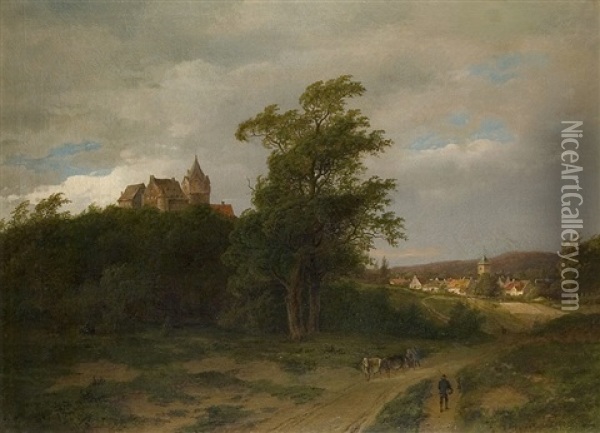 Romantische Landschaft Am Schlos Oil Painting - Caesar Bimmermann