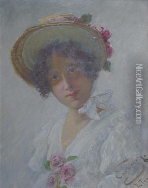Portrait Of A Young Lady With Roses In Her Hat Oil Painting - Carl Zewy