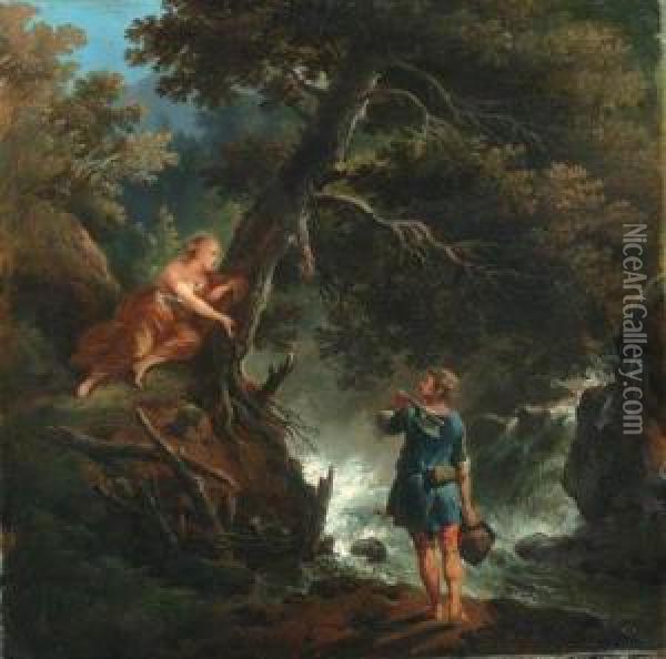 A Woodman And Nymph By A Waterfall Oil Painting - Francesco Giuseppe Casanova