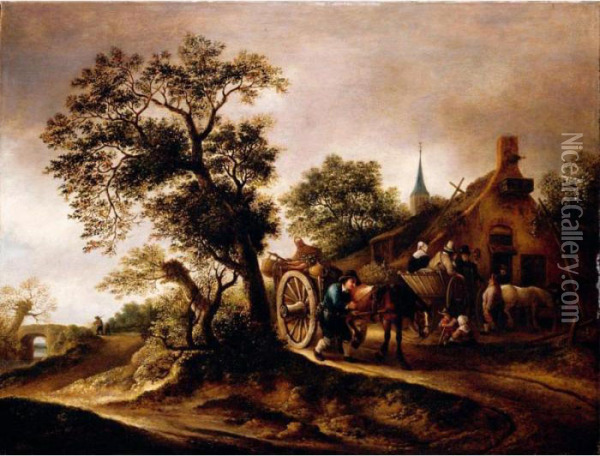 Landscape With Figures And Carts Before A Cottage Oil Painting - Isaack Jansz. van Ostade