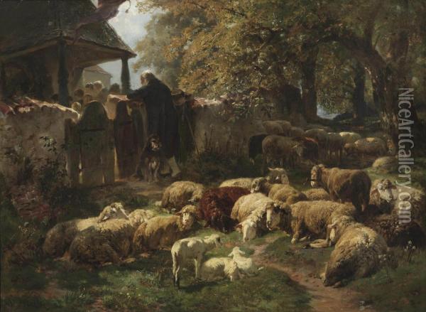 A Shepherd With His Sheep And Lambs Leaning Over A Fence Watching Villagers Attending Mass Oil Painting - Anton Braith
