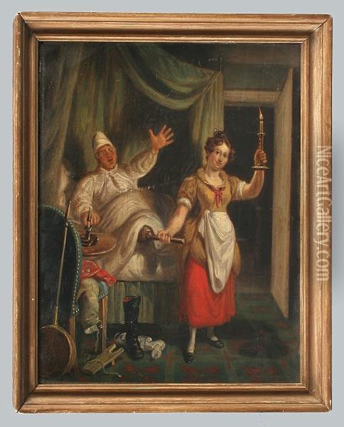 A Gentleman In Night Attire Being Pulled From His Bed By The End Of His Wooden Leg By A Woman Holding A Candlestick Oil Painting - William Kidd