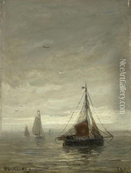 Fishing Boats On A Calm Sea Oil Painting - Hendrik Willem Mesdag