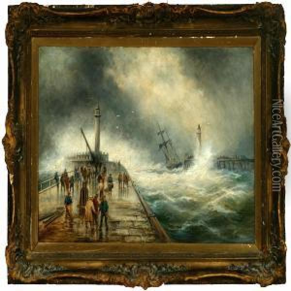 A Habour Entrance In A Heavy Storm Oil Painting - Edwin Fletcher